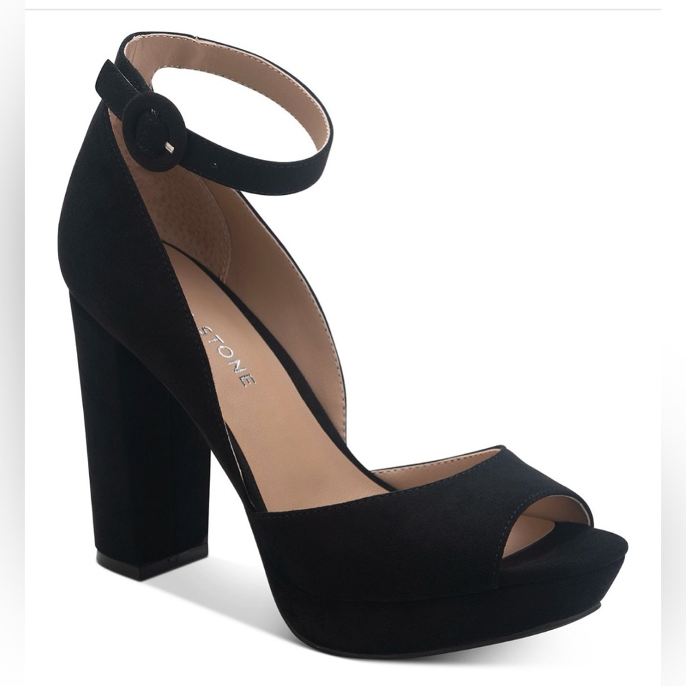 Sand + Stone Black Microfiber Platform Open-Toe Heels.  Sz 9W